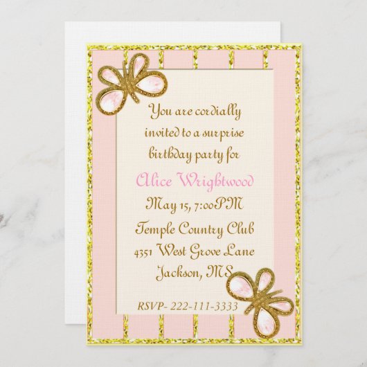 金ゴールド華美·ピンクレディーズ誕生日招待状 招待状 (正面/裏面)