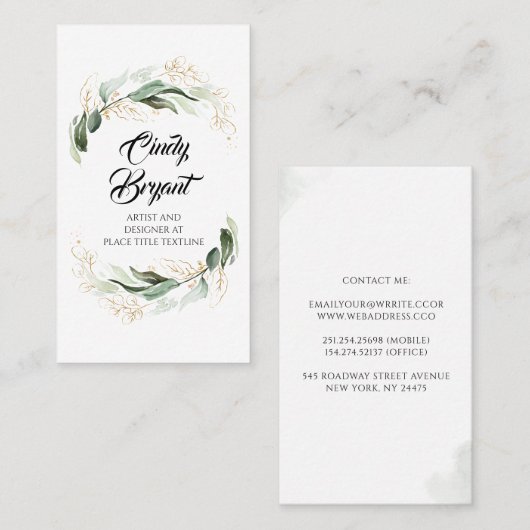 金ゴールド葉とユーカリプタスのエレガント緑モダン 名刺 (正面/裏面)