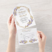 金ゴールド葉とラベンダーフローラ結婚ズ オールインワン招待状 (貼ってはがせる)