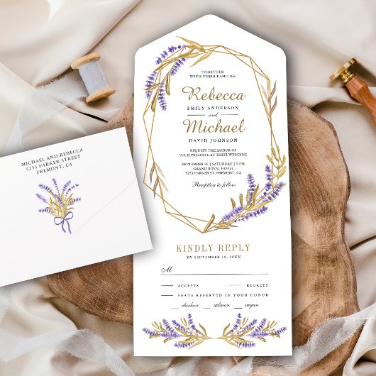 金ゴールド葉とラベンダーフローラ結婚ズ オールインワン招待状