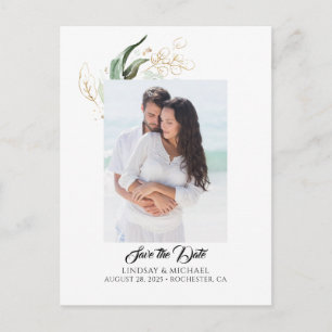 金ゴールド葉のGreenery Save the Date Photo Announcem 案内ポストカード