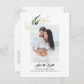 金ゴールド葉のGreenery Save the Date Photo Announcem 案内ポストカード (正面/裏面)