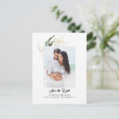金ゴールド葉のGreenery Save the Date Photo Announcem 案内ポストカード (スタンド正面)