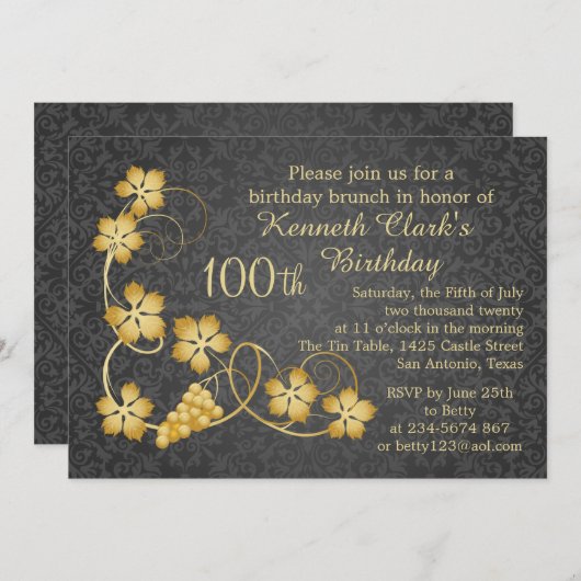 金ゴールド葉オンつる植物グ100誕生日 招待状 (正面/裏面)