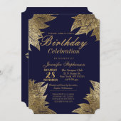 金ゴールド葉オンネイビーブルー誕生日パーティーの招待 招待状 (正面/裏面)