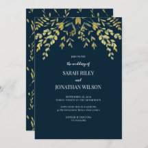 金ゴールド葉オンネイビー結婚式招待状