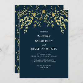 金ゴールド葉オンネイビー結婚式招待状 招待状