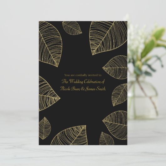 金ゴールド葉オンブラックエレガントウェディング招待状 招待状 (スタンド正面)