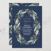 金ゴールド葉グリーネリーリースネイビーブルーバプテスマ 招待状 (正面/裏面)