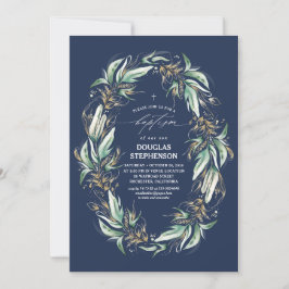 金ゴールド葉グリーネリーリースネイビーブルーバプテスマ 招待状