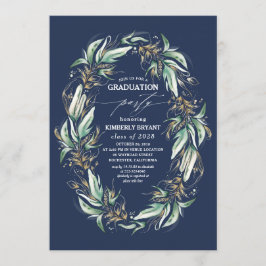 金ゴールド葉グリーネリーリースネイビーブルー卒業 招待状