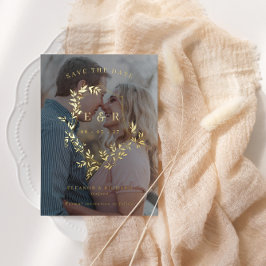 金ゴールド葉スクレストモノグラム写真Save The Date Foi 箔招待状