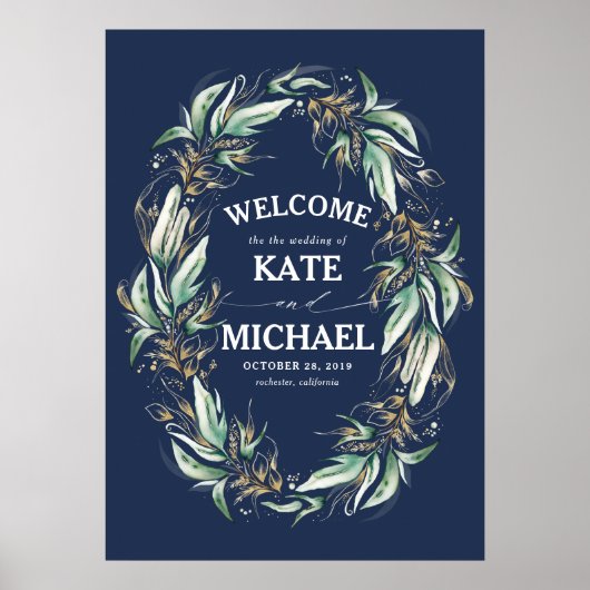 金ゴールド葉ス・グリーナリー・ネイビー結婚ルズ・ウェルカム ポスター (正面)