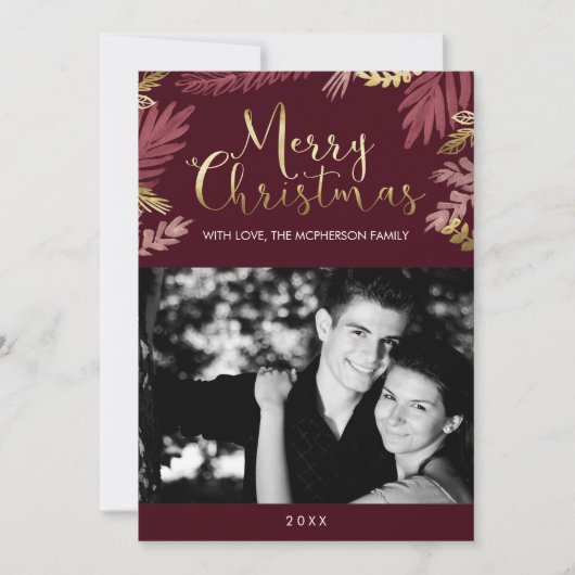 金ゴールド葉ズ・メリー・クリスマス写真 シーズンカード (正面)