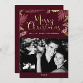 金ゴールド葉ズ・メリー・クリスマス写真 シーズンカード (正面/裏面)
