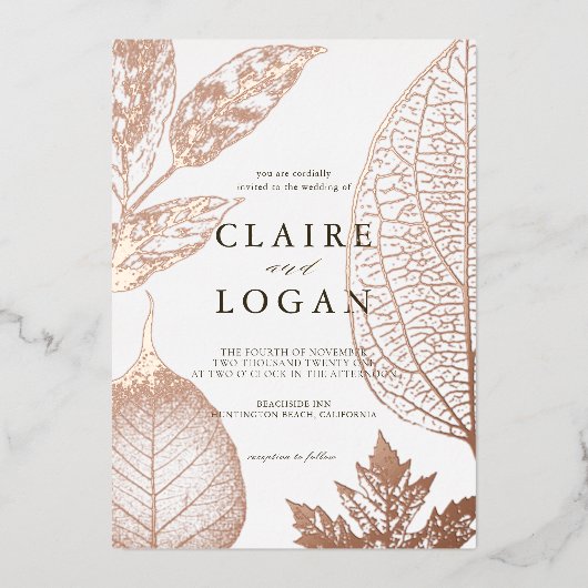 金ゴールド葉デリケ結婚ート 箔招待状 (正面)