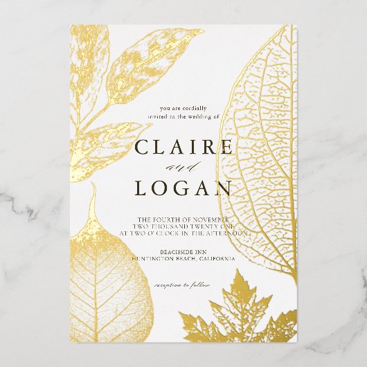 金ゴールド葉デリティブ結婚ル招待状 箔招待状 (正面)