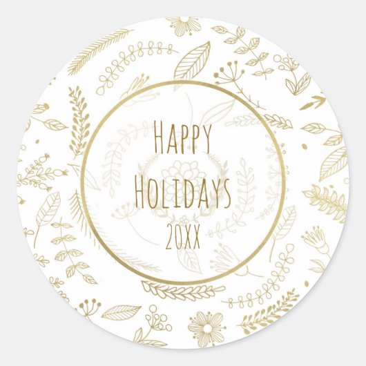 金ゴールド葉フローラ素朴クリスマスホリデー ラウンドシール (正面)