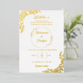 金ゴールド葉ホワ華美イ結婚ムスリム 箔招待状 (立ち正面)