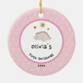 金ゴールド葉リース |ベビー初めてのクリスマスピンク セラミックオーナメント (裏面)