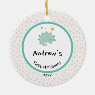 金ゴールド葉リース  ベビー初めてのクリスマス青 セラミックオーナメント