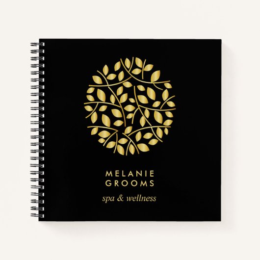 金ゴールド葉ロゴ |黒 |モノグラパーソナライズされたム ノートブック (正面)