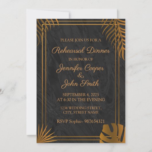 金ゴールド葉幾何フレームリハーサルディナール 招待状 (正面)
