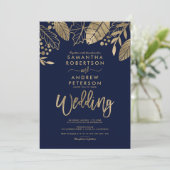 金ゴールド葉秋タイポグラフィネービーブ結婚ルーズ 招待状 (スタンド正面)