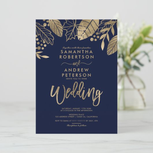 金ゴールド葉秋タイポグラフィネービーブ結婚ルーズ 招待状 (スタンド正面)