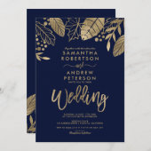 金ゴールド葉秋タイポグラフィネービーブ結婚ルーズ 招待状 (正面/裏面)