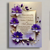 金ゴールド葉紫結婚花 招待状