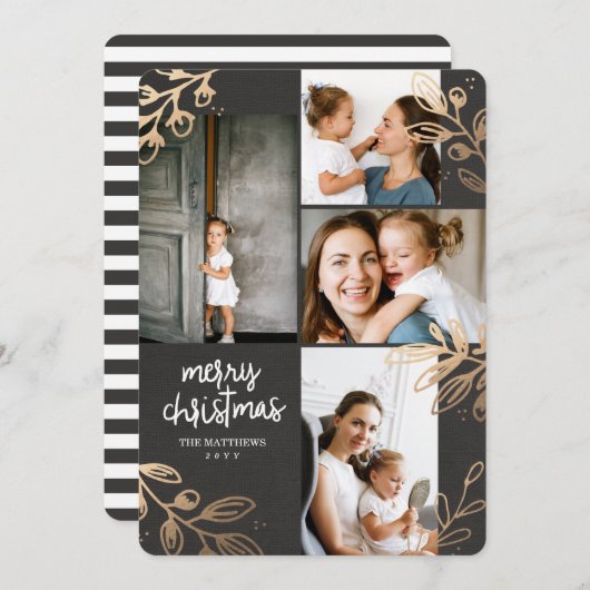 金ゴールド葉4フォトホリデーカード シーズンカード (正面/裏面)