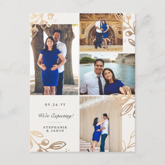 金ゴールド葉4写真妊娠のお知らせ 案内ポストカード (正面)