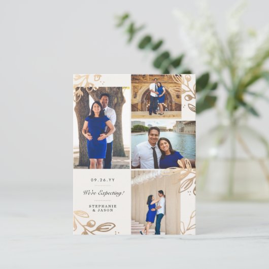 金ゴールド葉4写真妊娠のお知らせ 案内ポストカード (スタンド正面)