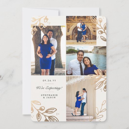 金ゴールド葉4写真妊娠のお知らせ 案内状 (正面)