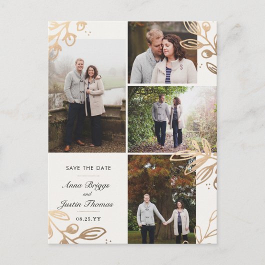 金ゴールド葉4写真Save the Date 案内ポストカード (正面)