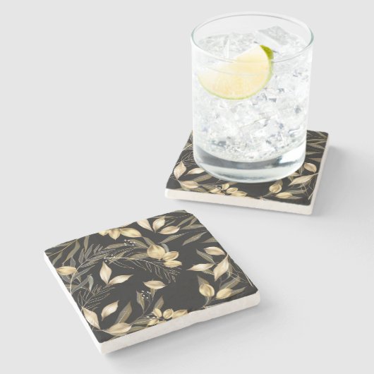金ゴールド葉:エキゾチック植物性シームレス ストーンコースター (横)