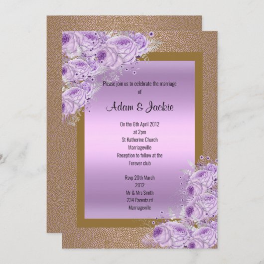 金ゴールド薄紫パープルエレガントウェディング婚約 招待状 (正面/裏面)