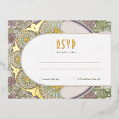 金ゴールド薄紫RSVP挿入ヴィンテージアールヌーボーミュシャ 箔シーズンポストカード (正面)