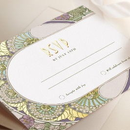 金ゴールド薄紫RSVP挿入ヴィンテージアールヌーボーミュシャ 箔シーズンポストカード