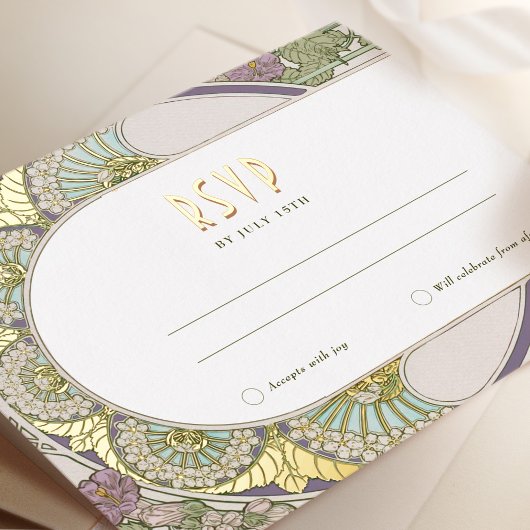 金ゴールド薄紫RSVP挿入ヴィンテージアールヌーボーミュシャ 箔シーズンポストカード