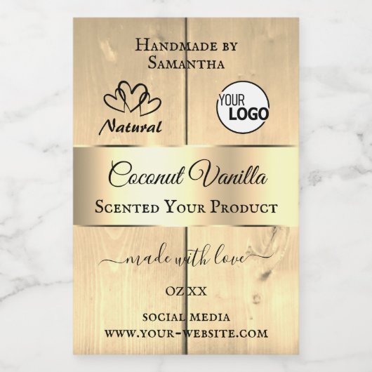 金ゴールド薄茶色の木目の製品ラベルのロゴ フードラベル (シングルラベル)