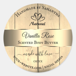 金ゴールド薄茶色の木目製品ラベルハート ラウンドシール