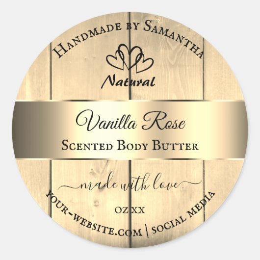 金ゴールド薄茶色の木目製品ラベルハート ラウンドシール (正面)