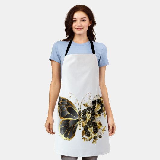 金ゴールド蝶と黒の蘭 エプロン (着用した状態)