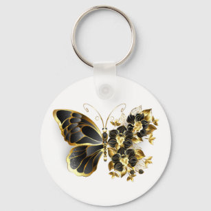 金ゴールド蝶と黒の蘭 キーホルダー