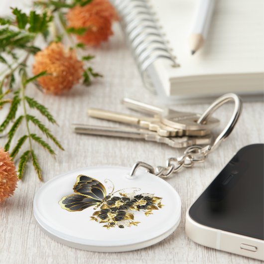 金ゴールド蝶と黒の蘭 キーホルダー (正面右)