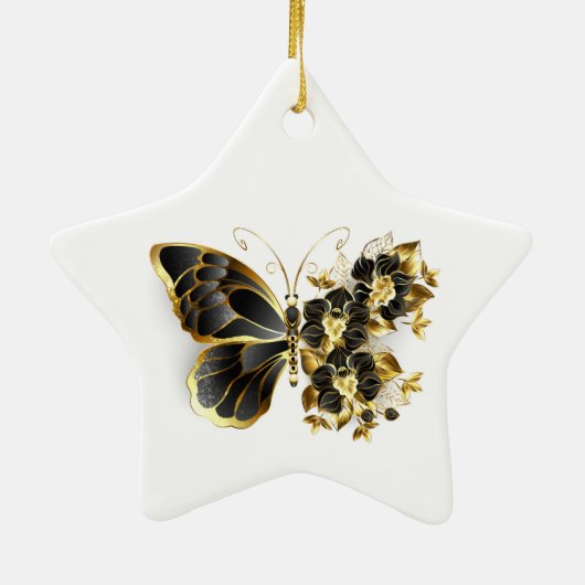 金ゴールド蝶と黒の蘭 セラミックオーナメント (裏面)