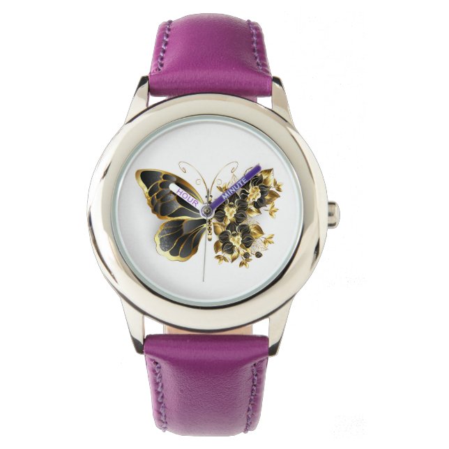 金ゴールド蝶と黒の蘭 腕時計 (正面)