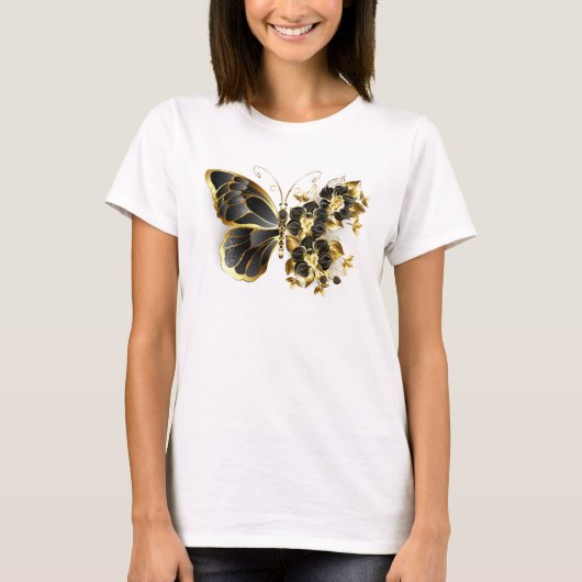 金ゴールド蝶と黒の蘭 Tシャツ (正面)
